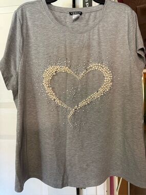VENUS Gray Tee with Pearl Heart Embellishment